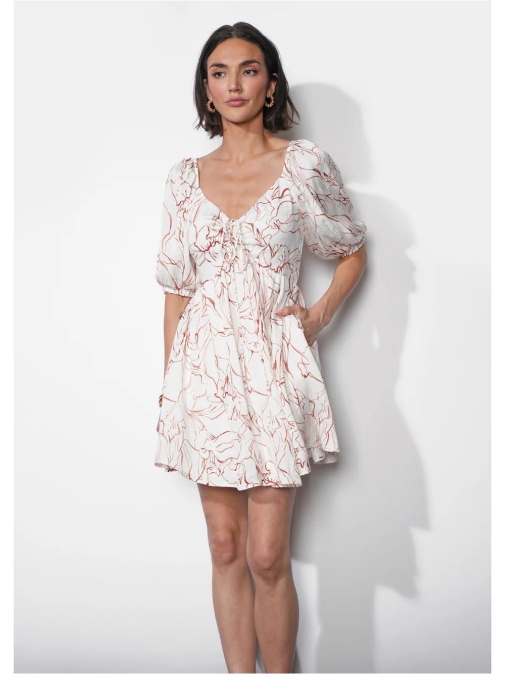 Greylin Liz Puff Sleeve Floral Mini Dress Ivory Clay S NWT